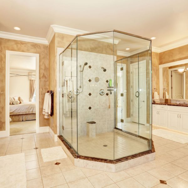 A glass shower in a large bathroom., Custom Shower Glass Services in Federal Way, Custom Shower Glass Services in Fox Island, Custom Shower Glass Services in Puyallup, Custom Shower Glass Services in Lakewood