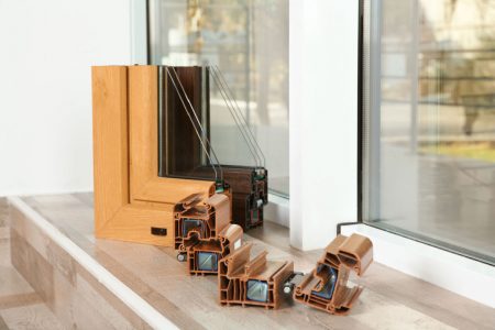 double pane window samples sitting in front of a window