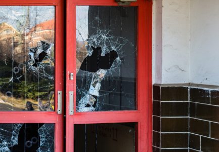 Three shattered windows on a commercial building., Emergency Glass Repair Services in Federal Way, Emergency Glass Repair Services in Federal Way, Emergency Glass Repair Services in Fox Island